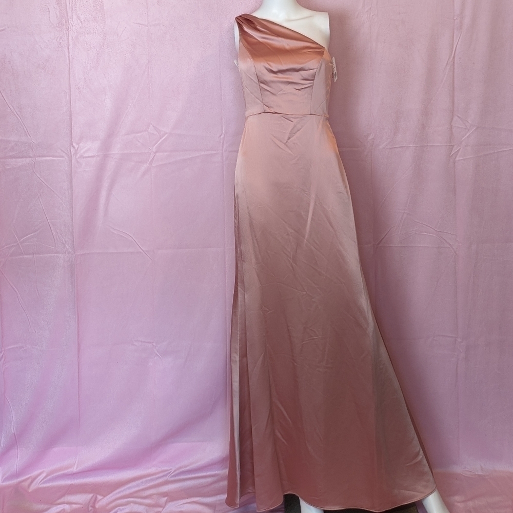 Lovely Bridesmaid Luxe Charm One Shoulder Satin Maxi Dress in Desert Rose